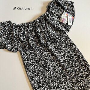 Medium Lularoe Cici ruffled dress, black and white filigree